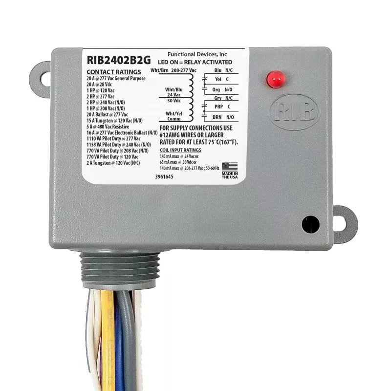 Functional Devices RIB2402B2G – Enclosed Relay 20Amp Dual SPDT 24Vac/dc/