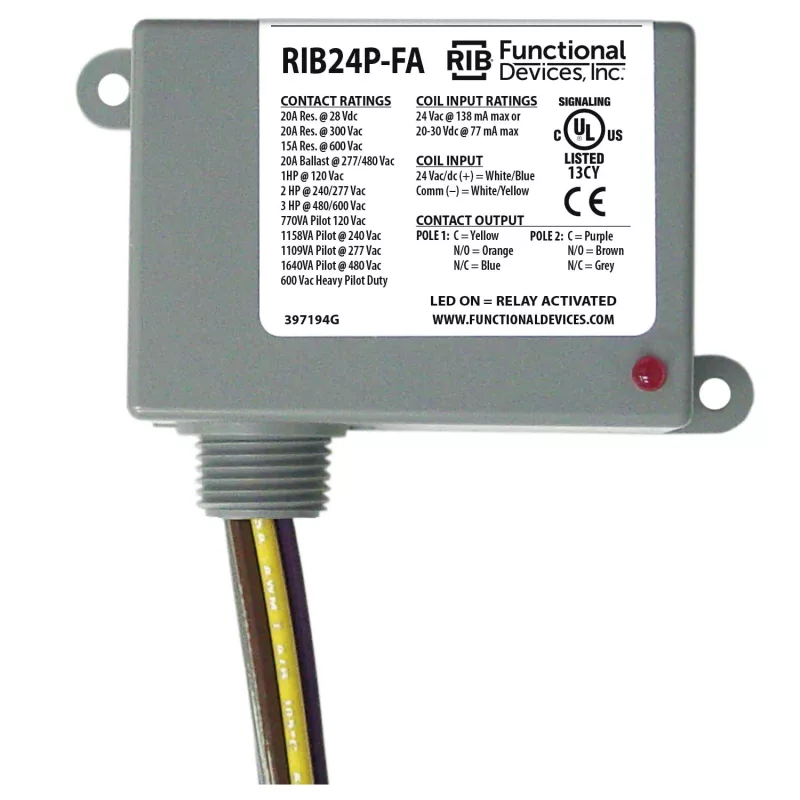 Functional Devices RIB24P-FA – Enclosed Relay 20Amp DPDT polarized 24Vd