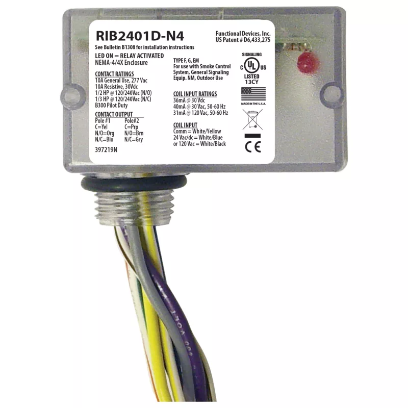 Functional Devices RIB2401D-N4 – Enclosed Relay 10Amp DPDT 24Vac/dc/120Va