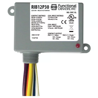 Functional Devices RIB12P30 – Enclosed Relay 30Amp DPDT 12Vac/dc