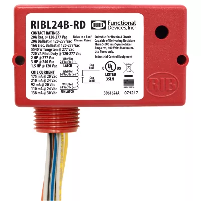 Functional Devices RIBL24B-RD – Enclosed Relay 20Amp 24Vac/dc Latching R