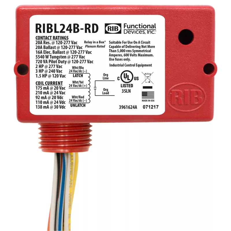 Functional Devices RIBL24B-RD – Enclosed Relay 20Amp 24Vac/dc Latching R