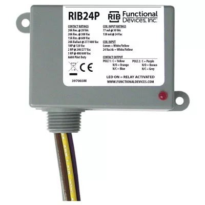 Functional Devices RIB24P – Enclosed Relay 20Amp DPDT 24Vac/dc
