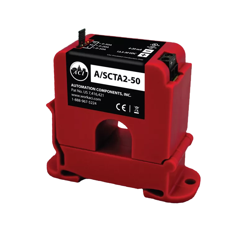 ACI A/SCTA2-50 – Analog Current Sensor, 4-20mA, DIN Rail, Split Core, 0-10, 0-20, 0-50 Amp (Default)