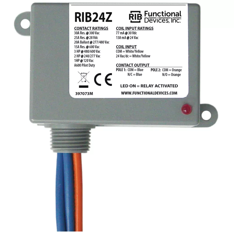 Functional Devices RIB24Z – Enclosed Relay 30Amp 1 SPST-NO + 1 SPST-