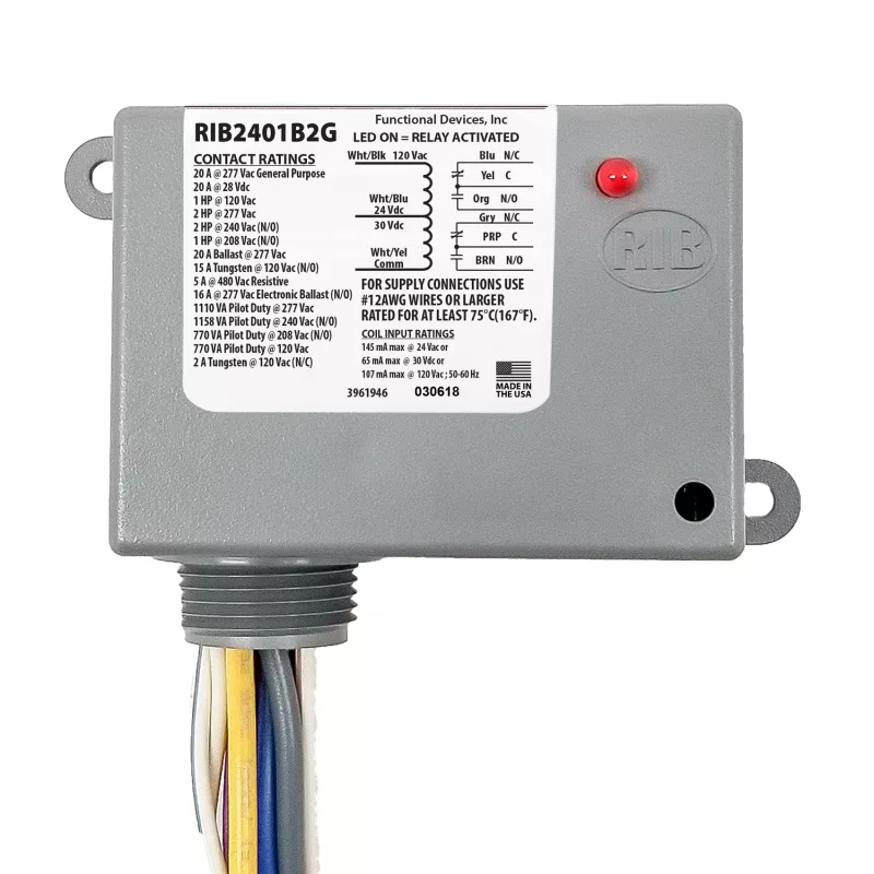 Functional Devices RIB2401B2G – Enclosed Relay 20Amp Dual SPDT 24Vac/dc/