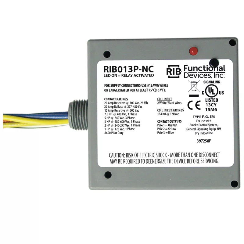 Functional Devices RIB013P-NC – Enclosed Relay 20Amp 3PST-NC 120Vac