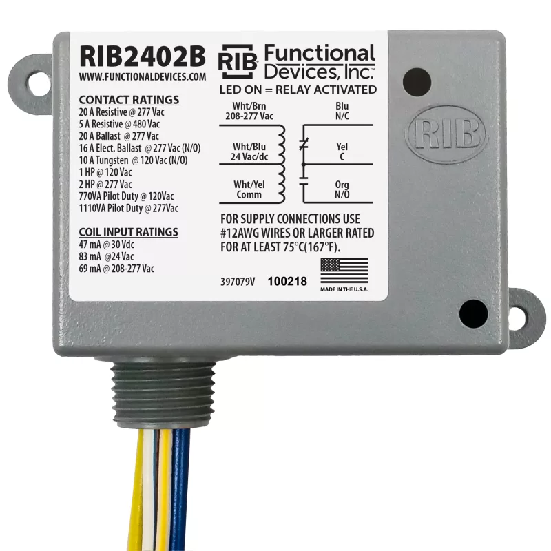 Functional Devices RIB2402B – Enclosed Relay 20Amp SPDT 24Vac/dc/208-2