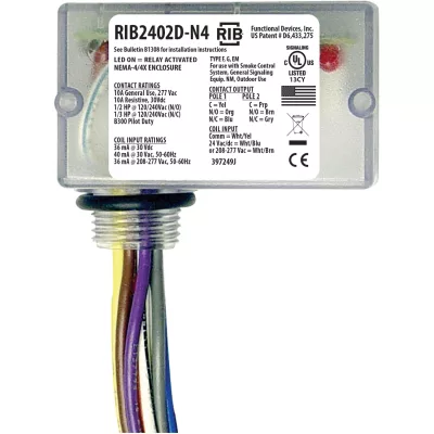 Functional Devices RIB2402D-N4 – Enclosed Relay 10Amp DPDT 24Vac/dc/208-2