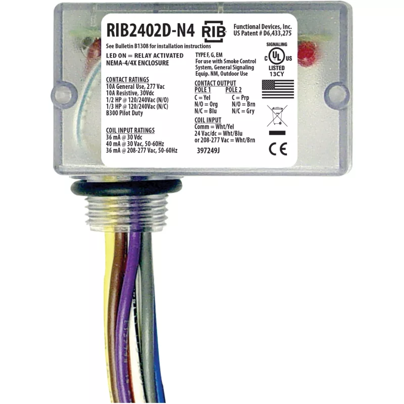 Functional Devices RIB2402D-N4 – Enclosed Relay 10Amp DPDT 24Vac/dc/208-2