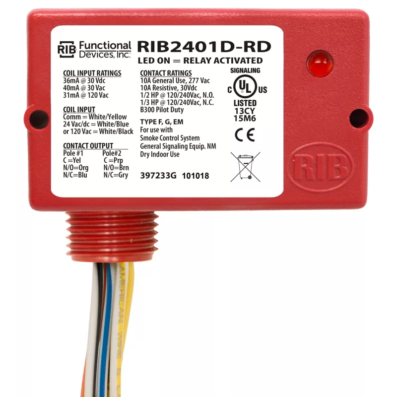 Functional Devices RIB2401D-RD – Enclosed Relay 10Amp DPDT 24Vac/dc/120Va